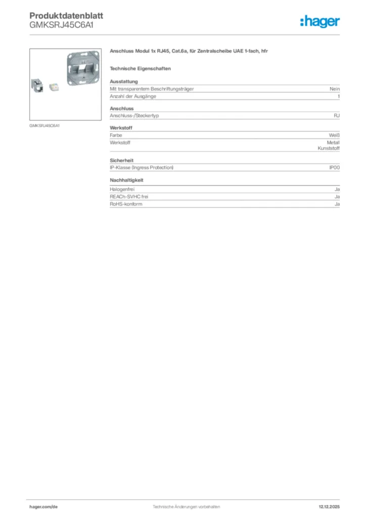 Hager Produktdatenblatt GMKSRJ45C6A1