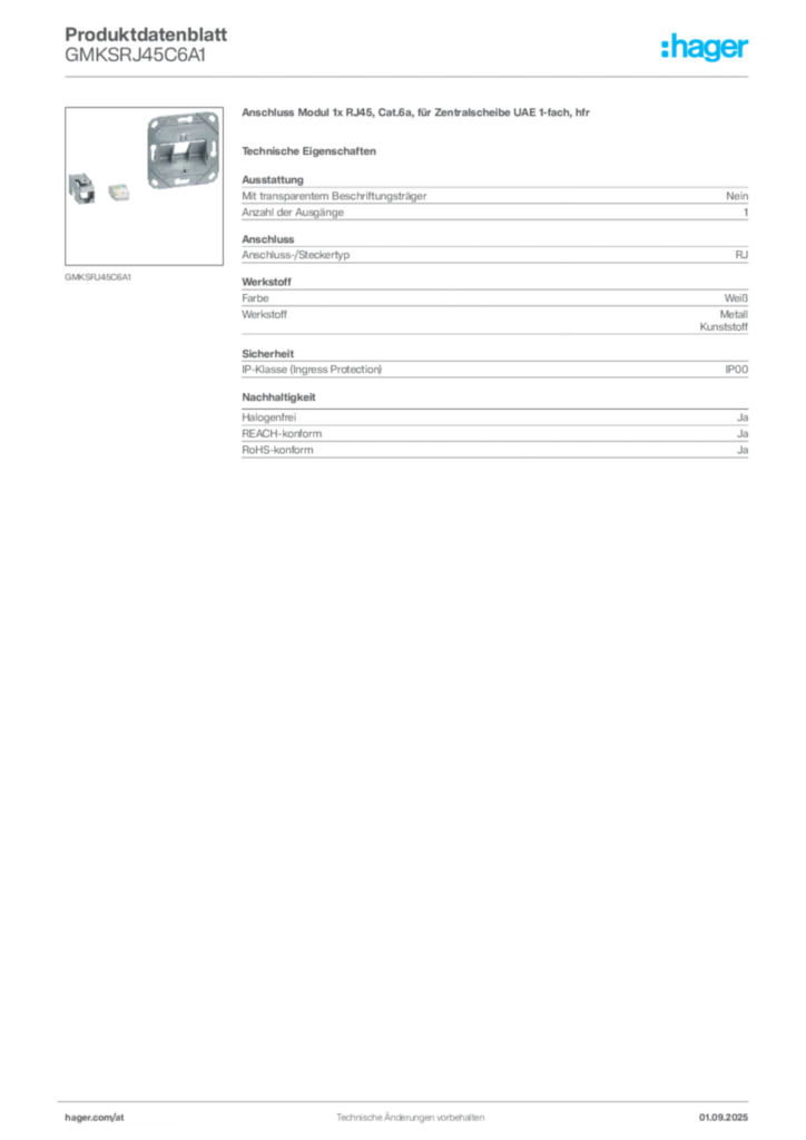 Bild Hager Produktdatenblatt GMKSRJ45C6A1 | Hager Deutschland