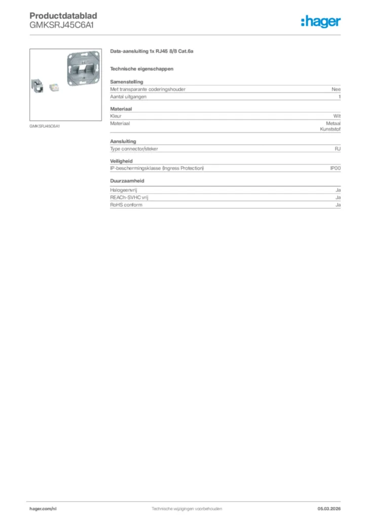 Afbeelding Hager Productdatablad GMKSRJ45C6A1 | Hager Nederland