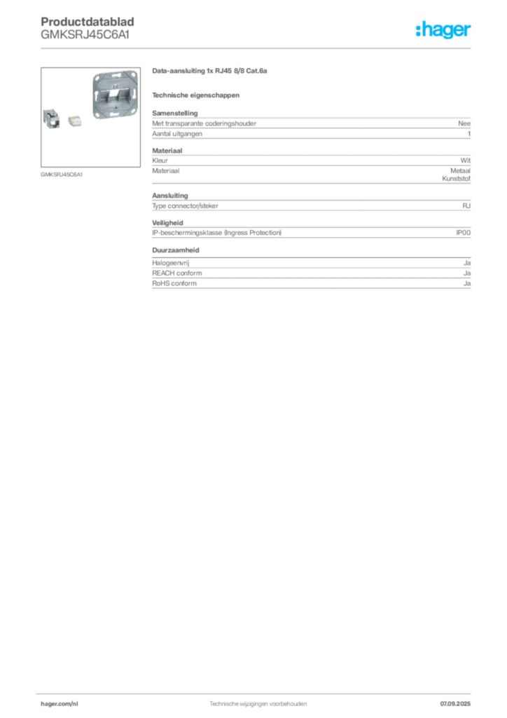 Afbeelding Hager Productdatablad GMKSRJ45C6A1 | Hager Nederland