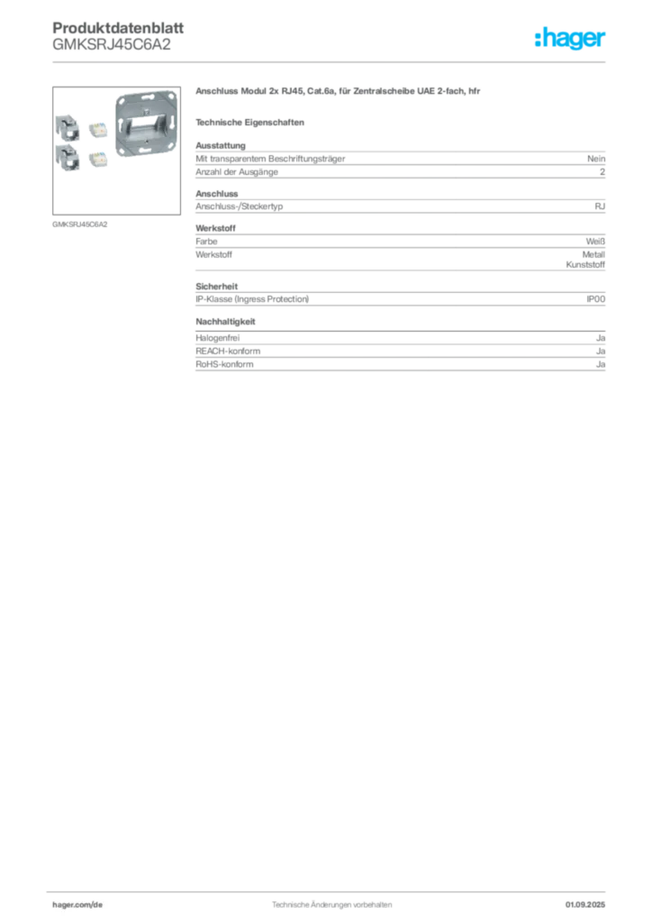 Hager Produktdatenblatt GMKSRJ45C6A2