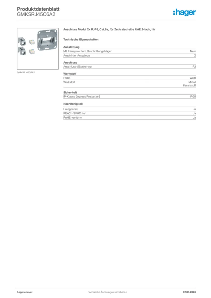 Bild Hager Produktdatenblatt GMKSRJ45C6A2 | Hager Deutschland