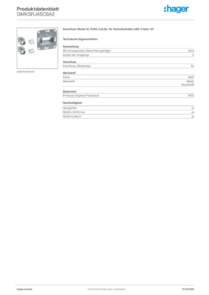 Bild Hager Produktdatenblatt GMKSRJ45C6A2 | Hager Deutschland