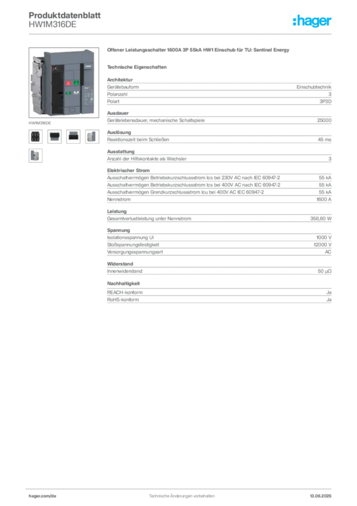 Bild Hager Produktdatenblatt HW1M316DE | Hager Deutschland