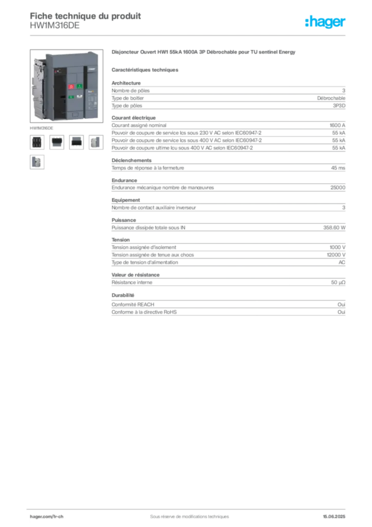 Image Hager Fiche technique du produit HW1M316DE | Hager Suisse