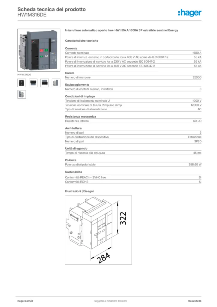 Immagine Hager Scheda tecnica del prodotto HW1M316DE | Hager Italia