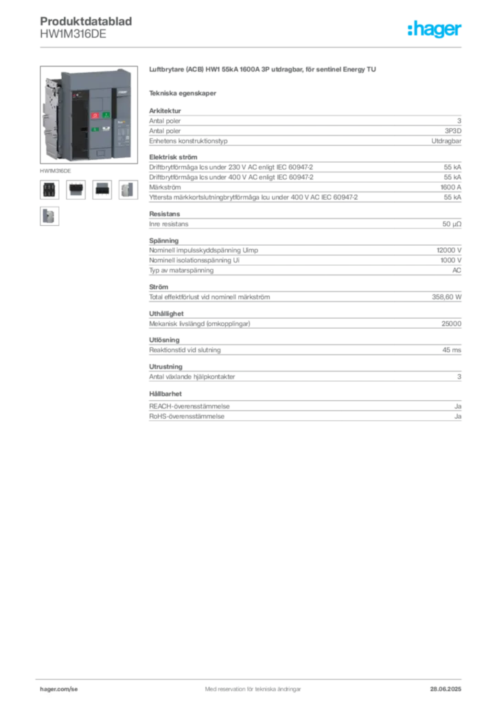 Bild Hager Produktdatablad HW1M316DE | Hager Sverige