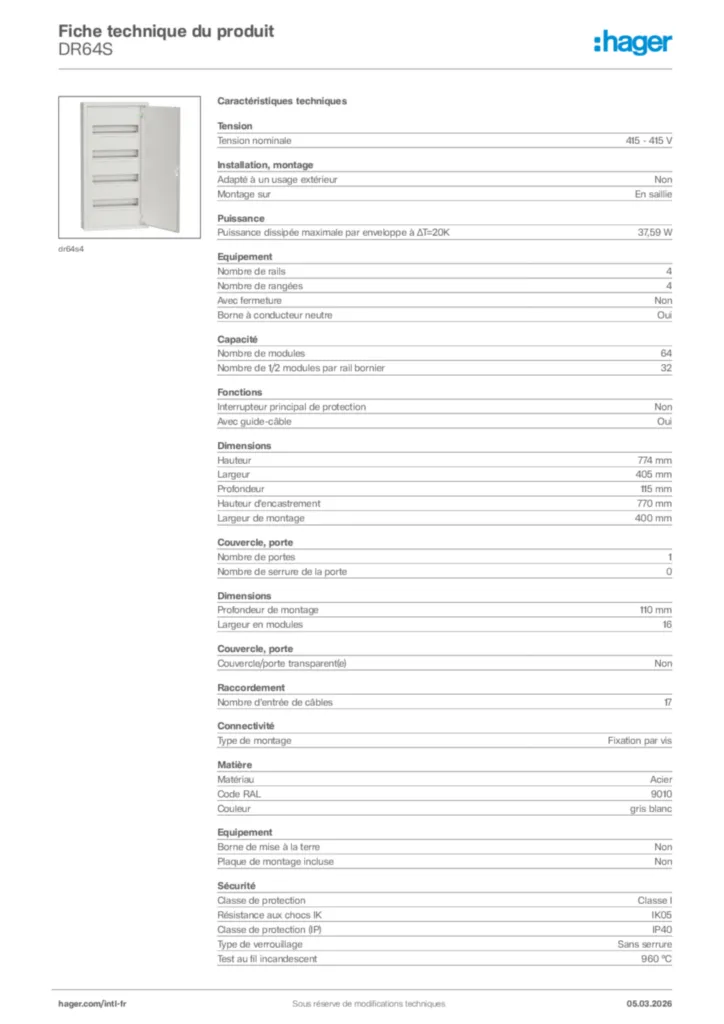 Image Hager Fiche technique du produit DR64S | Hager Afrique