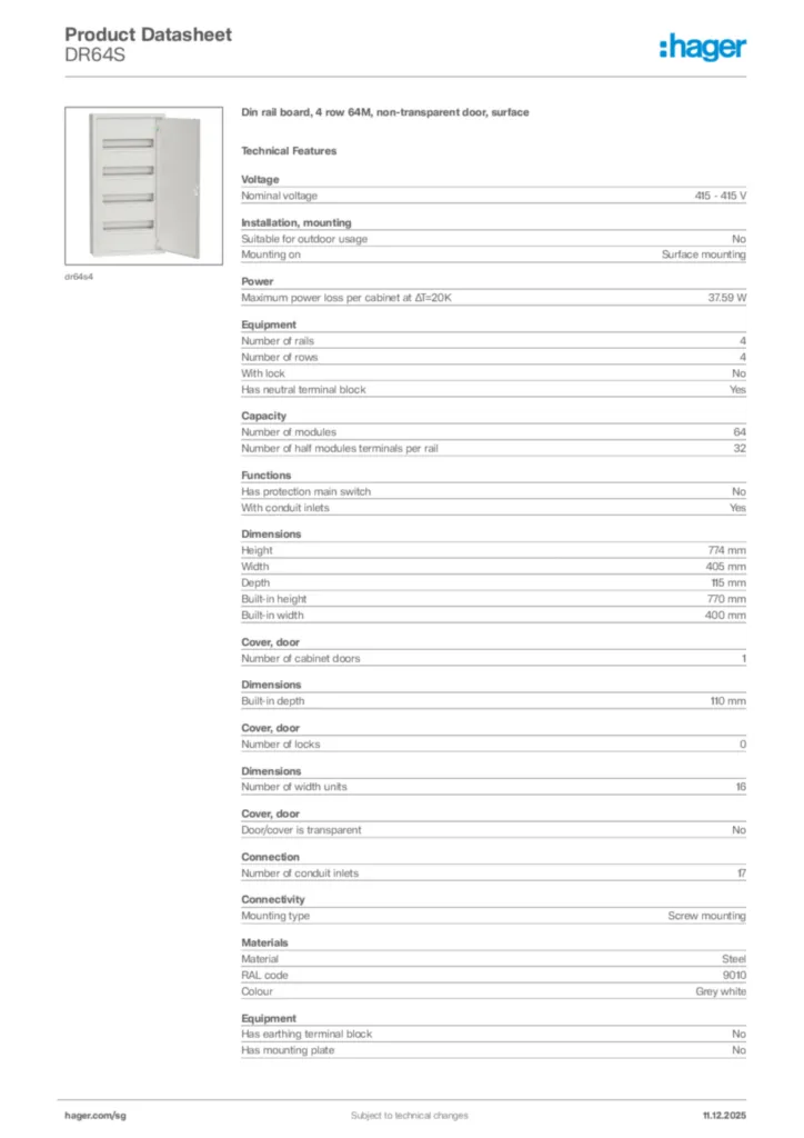 Image Hager Product data sheet DR64S  | Hager
