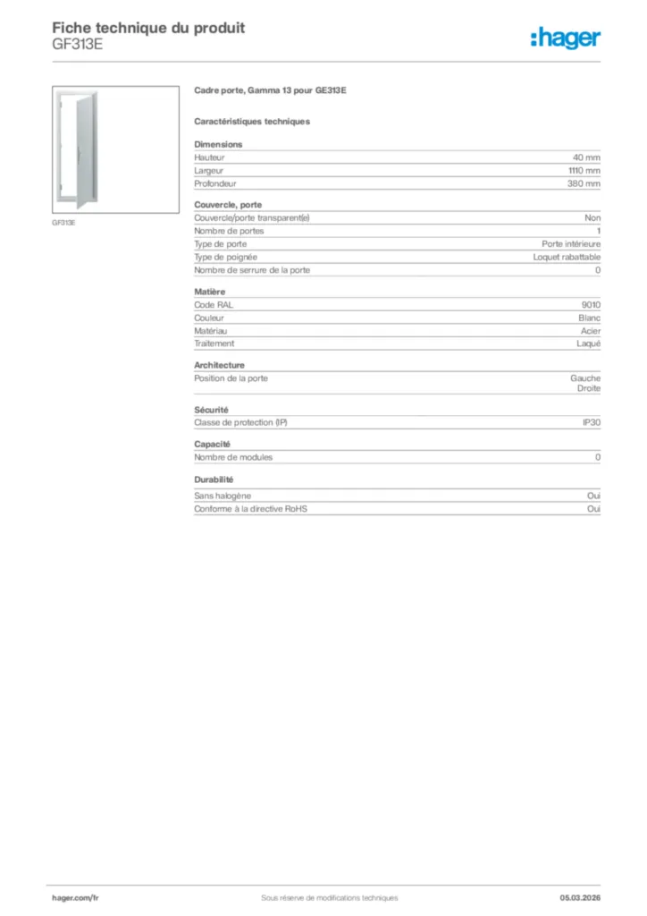 Image Hager Fiche technique du produit GF313E | Hager France