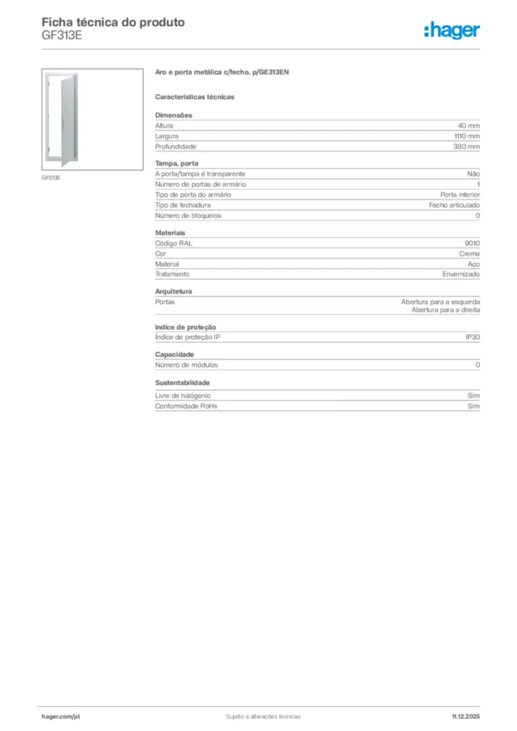 Imagem Hager Ficha técnica do produto GF313E | Hager Portugal