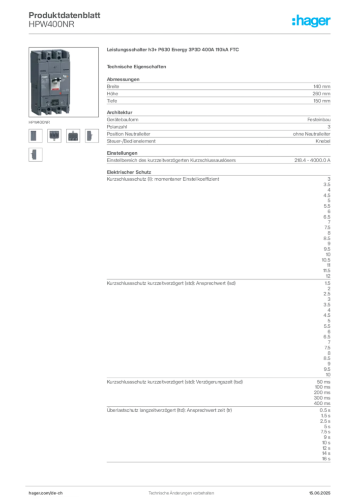 Bild Hager Produktdatenblatt HPW400NR | Hager Schweiz
