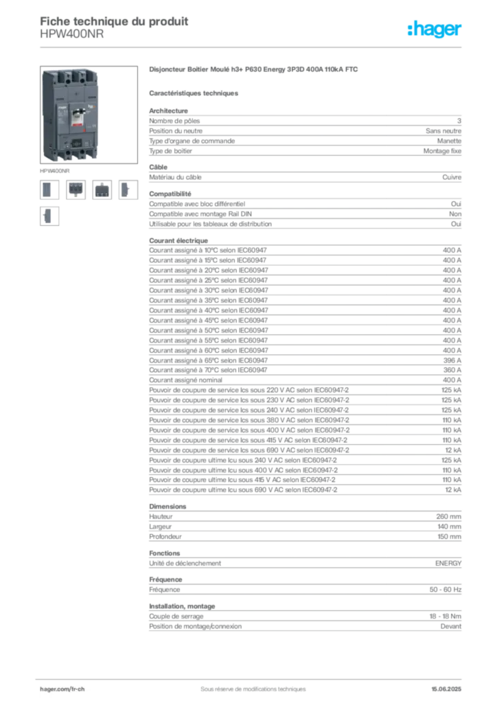 Image Hager Fiche technique du produit HPW400NR | Hager Suisse