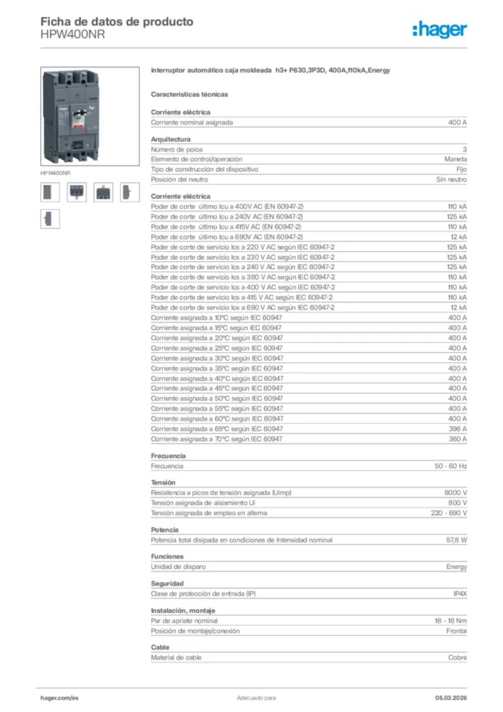 Imagen Hager Ficha de datos de producto HPW400NR | Hager España