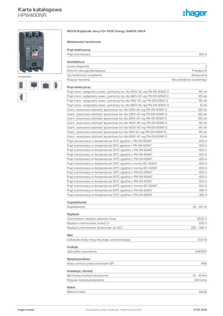 Zdjęcie Hager Karta katalogowa HPW400NR | Hager Polska