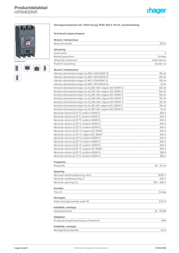 Afbeelding Hager Productdatablad HPW400NR | Hager Nederland