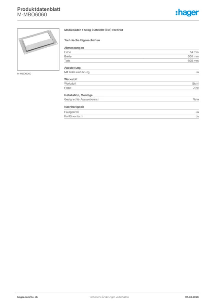 Bild Hager Produktdatenblatt M-MBO6060 | Hager Schweiz