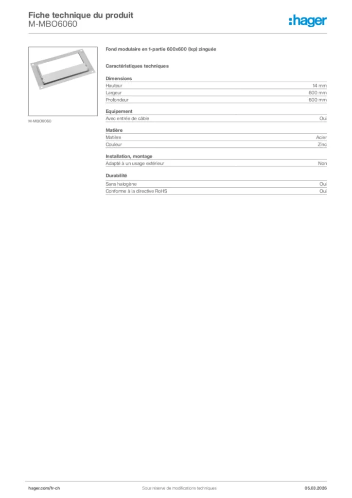 Image Hager Fiche technique du produit M-MBO6060 | Hager Suisse