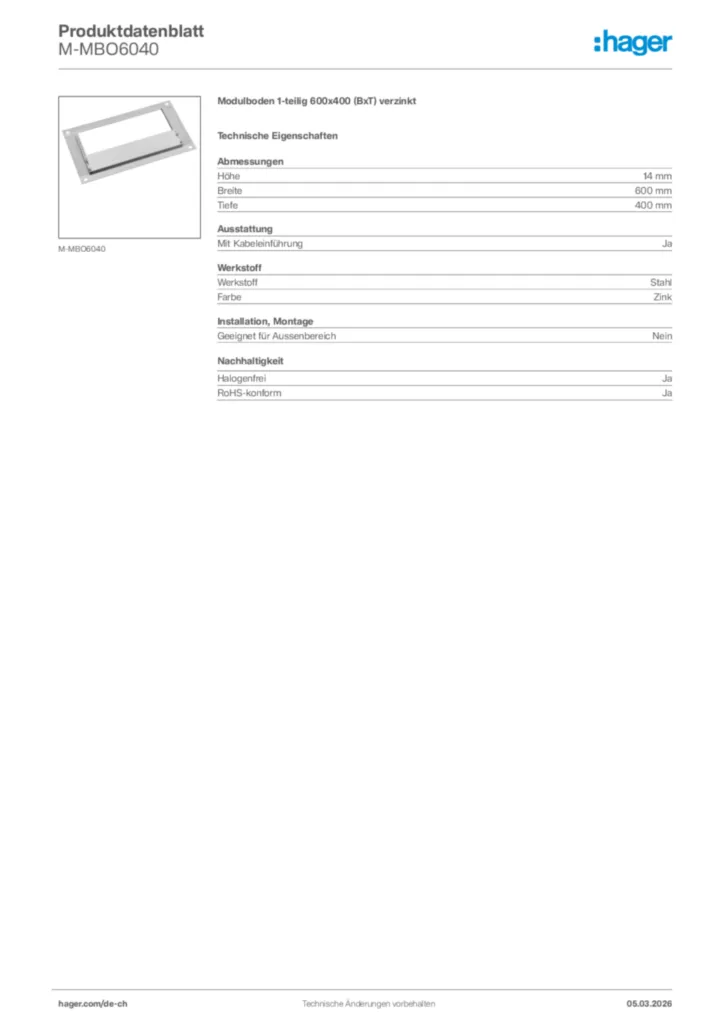 Bild Hager Produktdatenblatt M-MBO6040 | Hager Schweiz