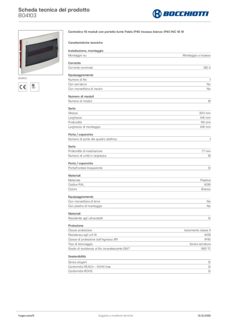 Immagine Bocchiotti Scheda tecnica del prodotto B04103 | Hager Italia