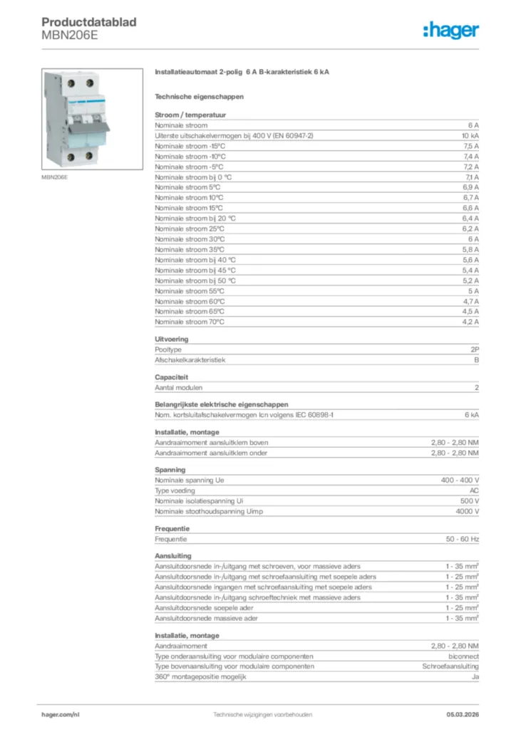 Afbeelding Hager Productdatablad MBN206E | Hager Nederland