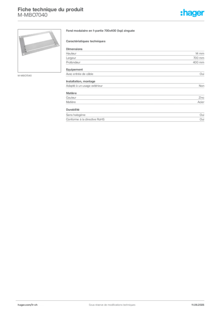Image Hager Fiche technique du produit M-MBO7040 | Hager Suisse