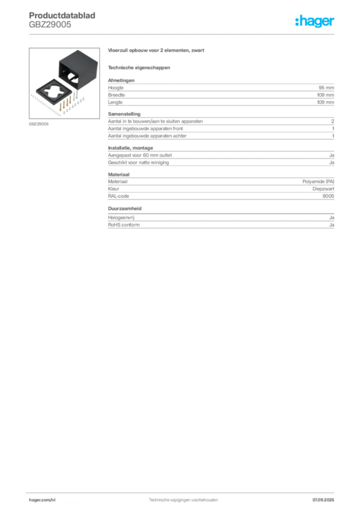 Afbeelding Hager Productdatablad GBZ29005 | Hager Nederland