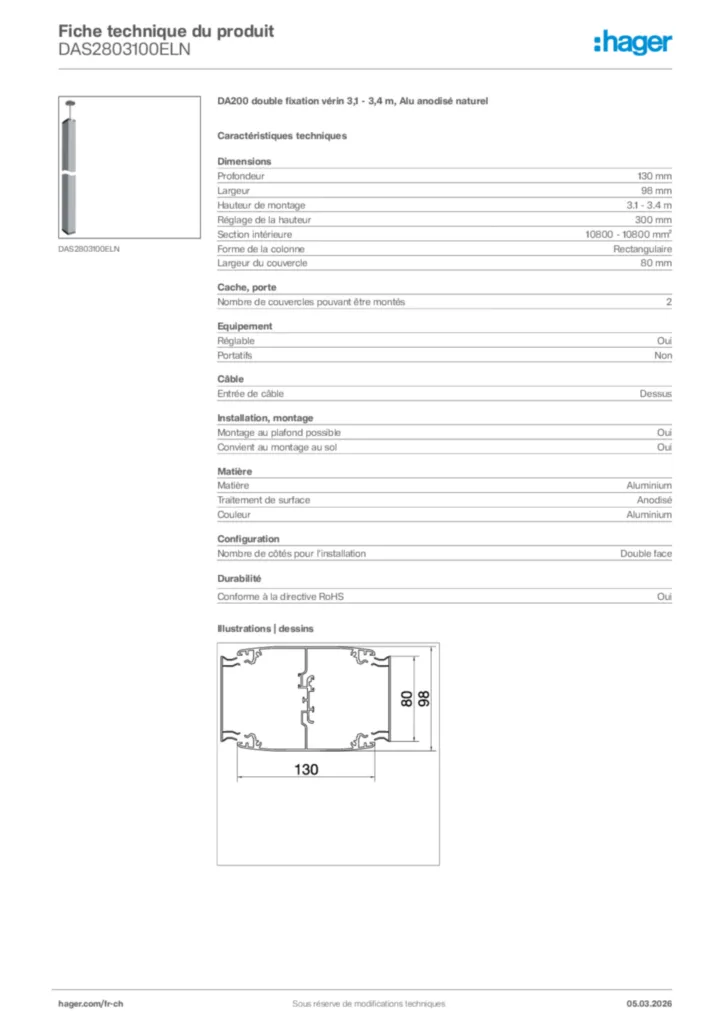 Image Hager Fiche technique du produit DAS2803100ELN | Hager Suisse