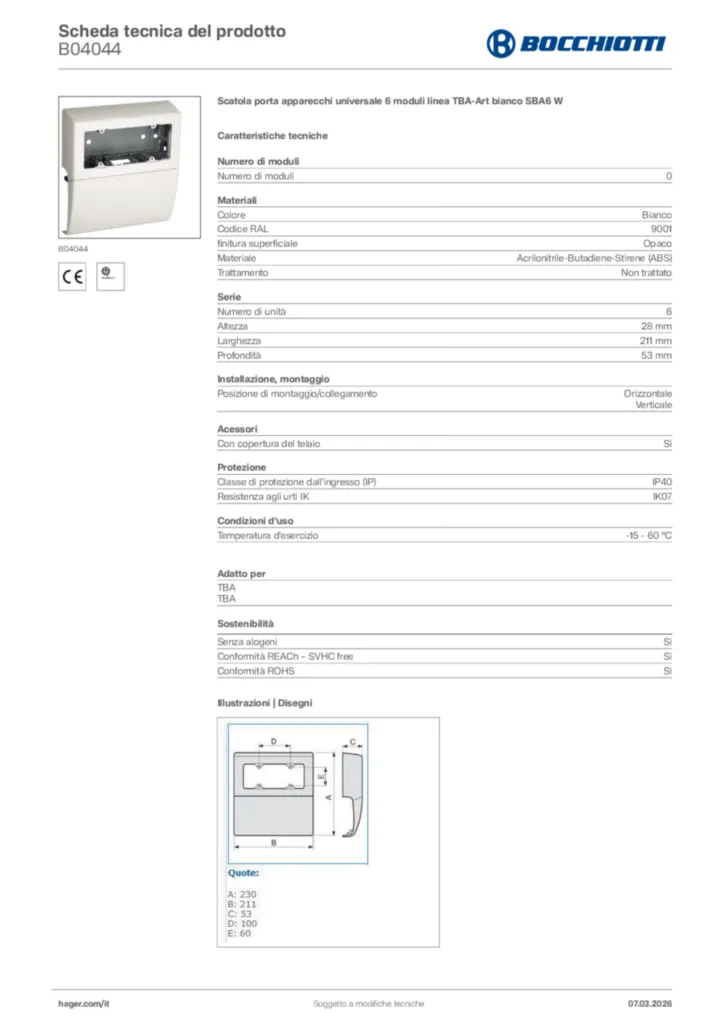 Immagine Bocchiotti Scheda tecnica del prodotto B04044 | Hager Italia