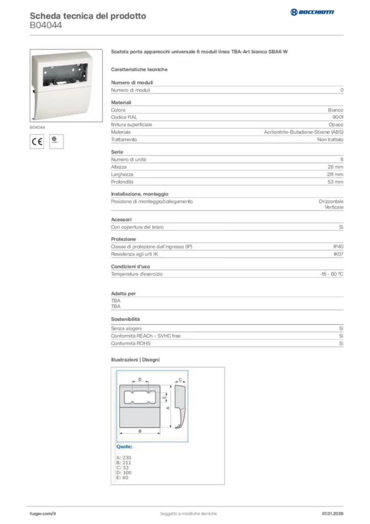 Immagine Bocchiotti Scheda tecnica del prodotto B04044 | Hager Italia