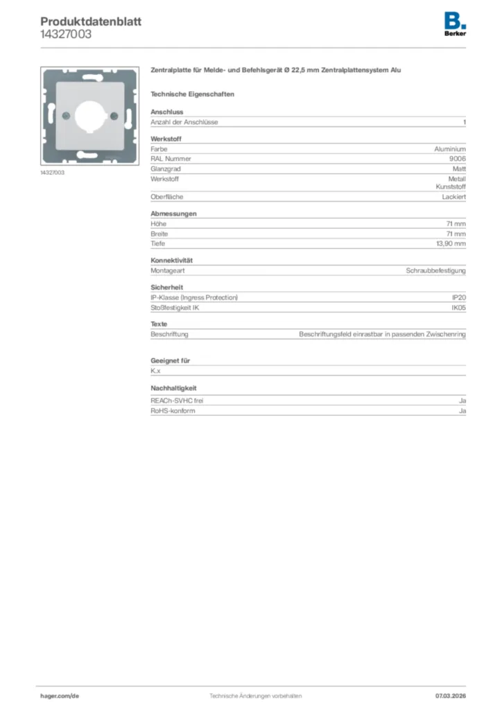 Bild Berker Produktdatenblatt 14327003 | Hager Deutschland