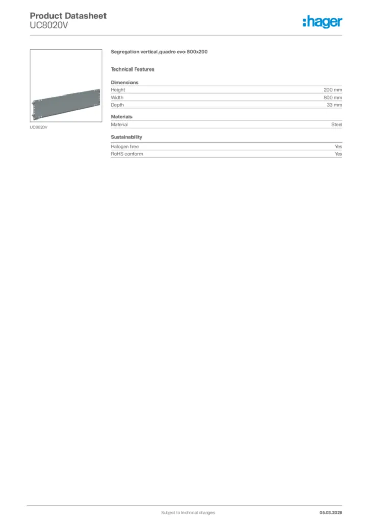 Image Hager Product data sheet UC8020V  | Hager Africa