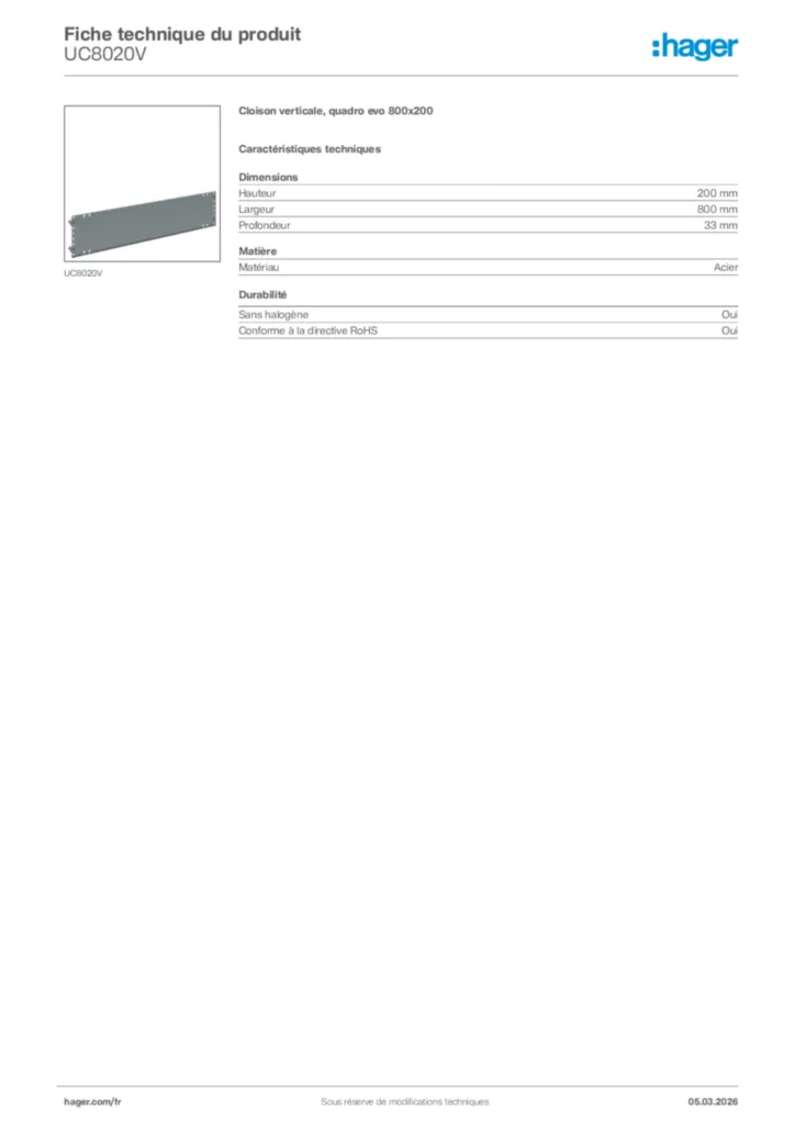 Image Hager Fiche technique du produit UC8020V | Hager France