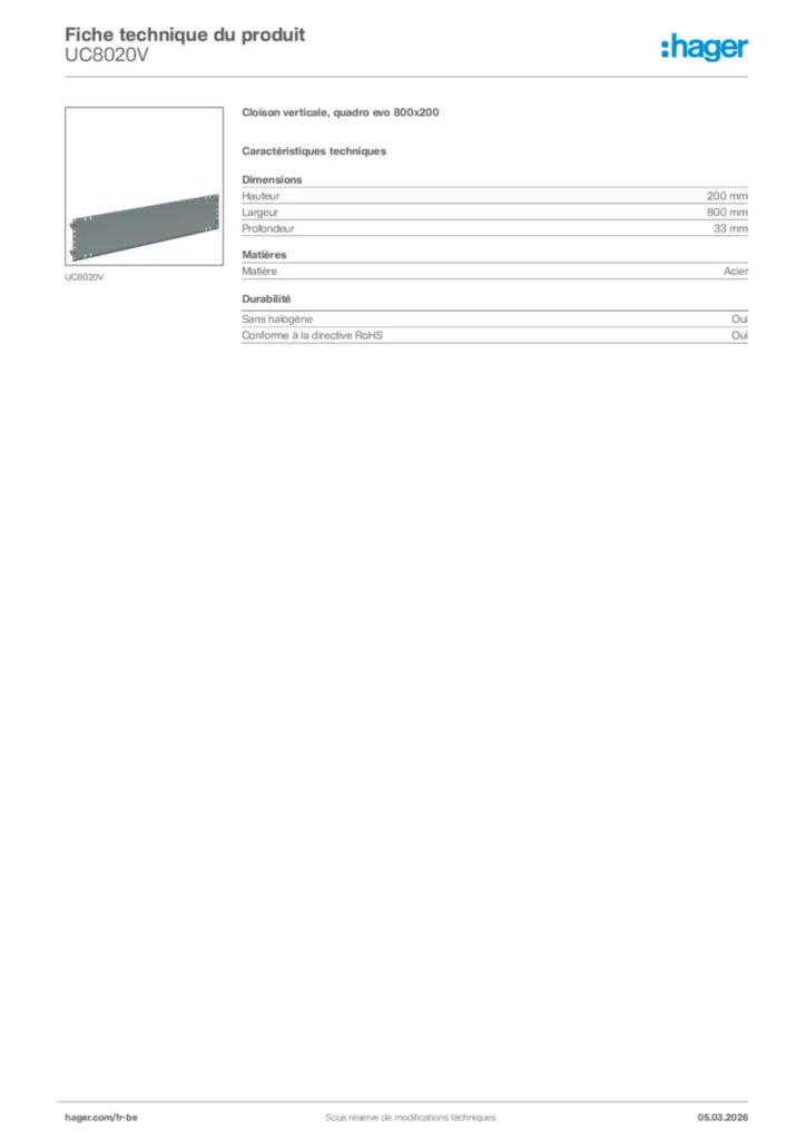 Image Hager Fiche technique du produit UC8020V | Hager Belgique