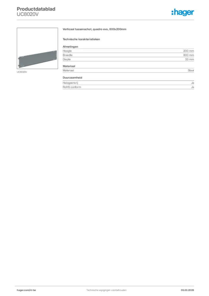 Afbeelding Hager Productdatablad UC8020V | Hager Belgium