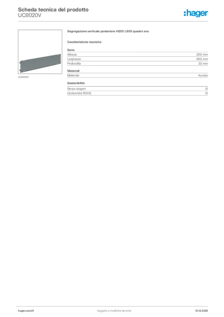 Immagine Hager Scheda tecnica del prodotto UC8020V | Hager Italia