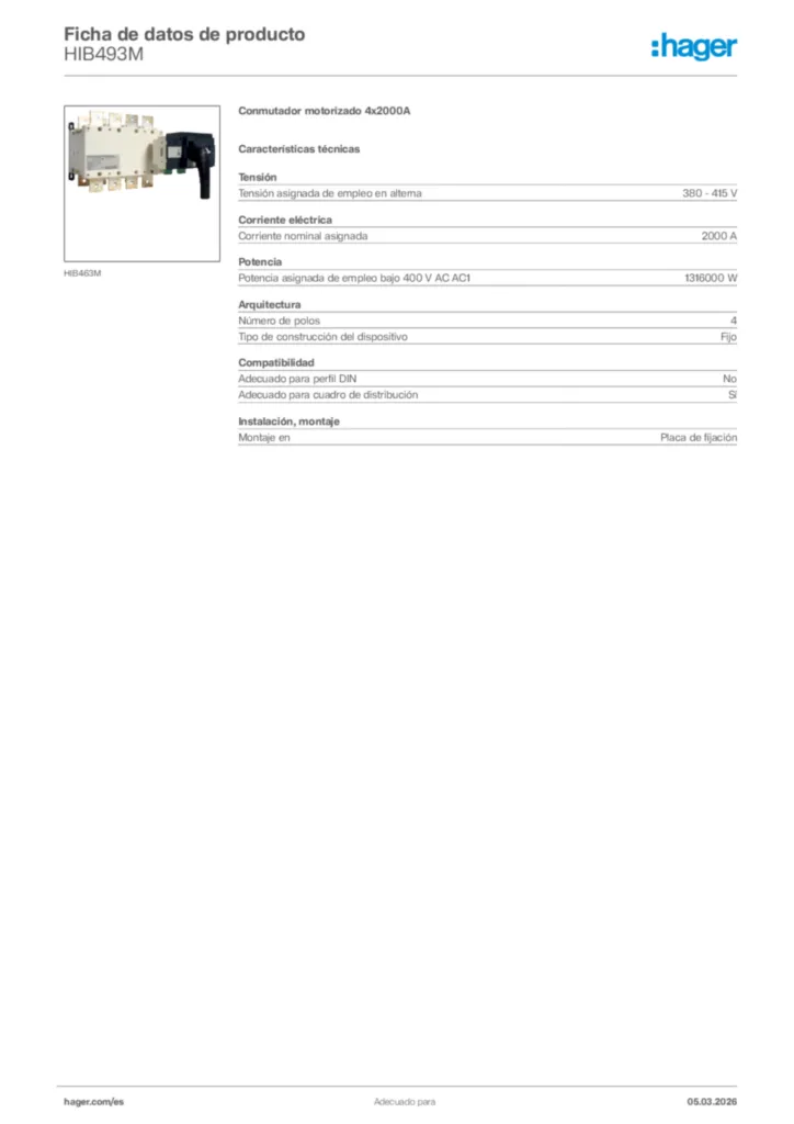 Imagen Hager Ficha de datos de producto HIB493M | Hager España