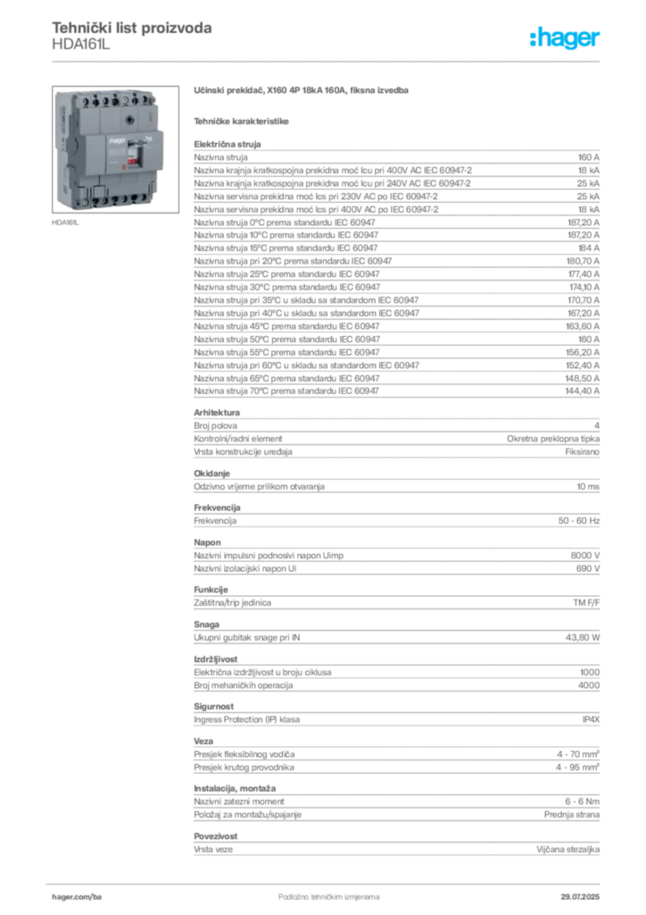 Slika Hager Product data sheet HDA161L  | Hager
