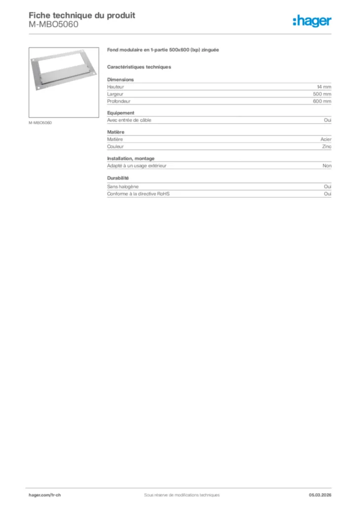 Image Hager Fiche technique du produit M-MBO5060 | Hager Suisse