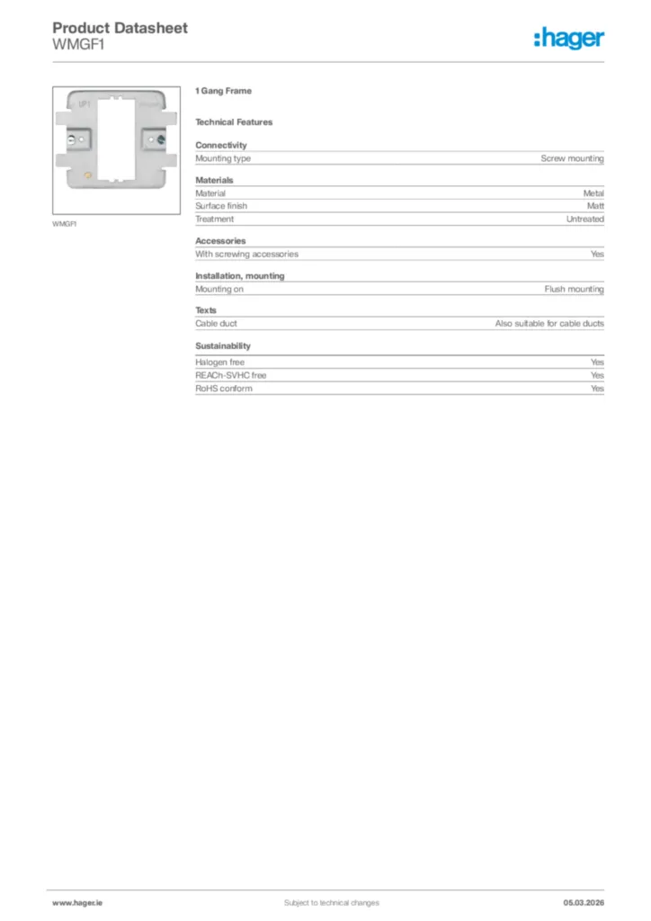 Image Hager Product data sheet WMGF1  | Hager