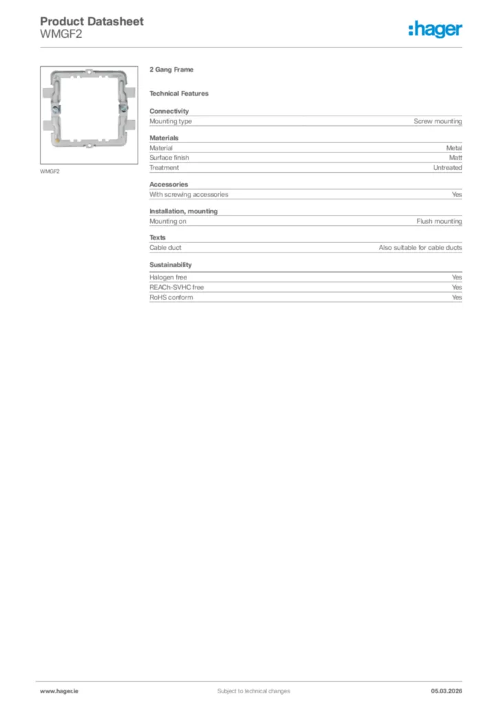 Image Hager Product data sheet WMGF2  | Hager