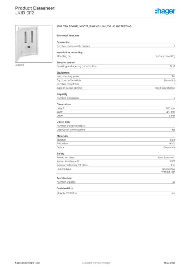 Image Hager Product data sheet JK1B10F2  | Hager
