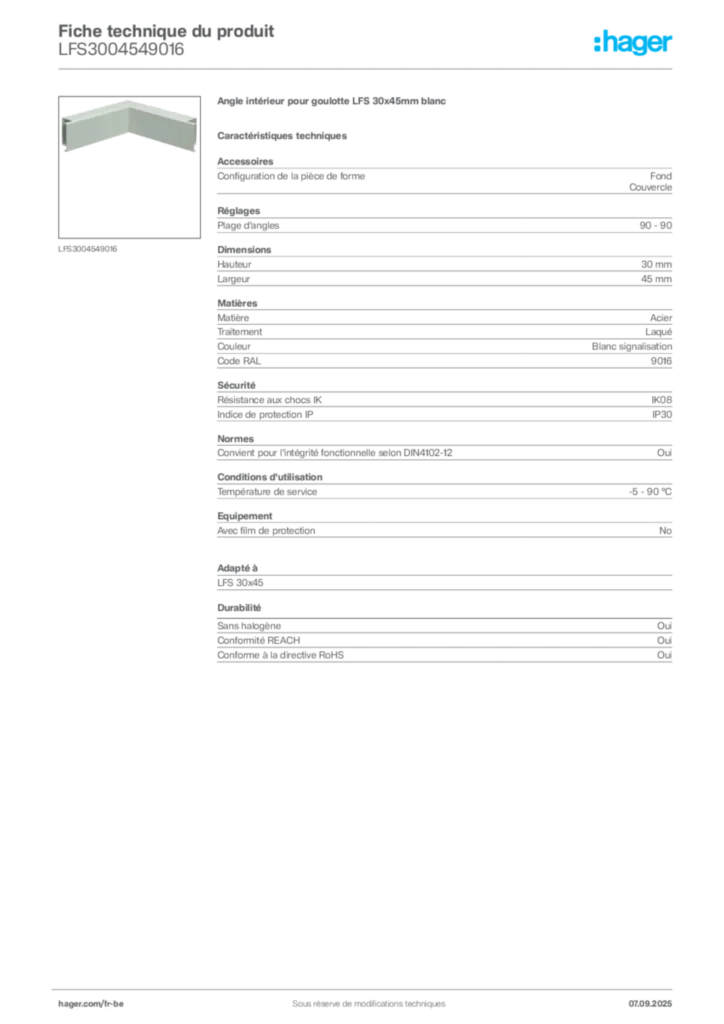 Image Hager Fiche technique du produit LFS3004549016 | Hager Belgique