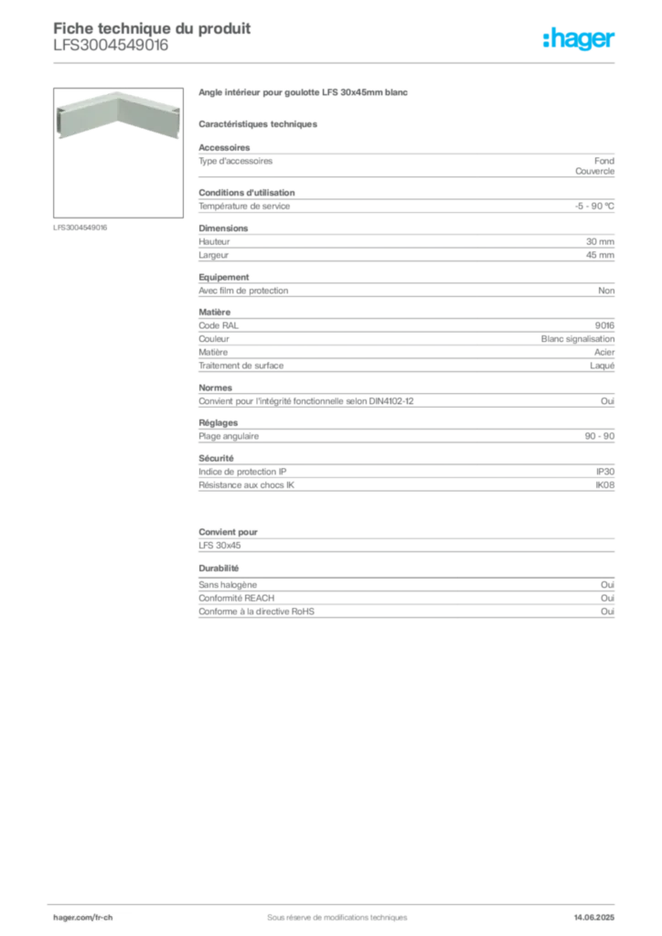Image Hager Fiche technique du produit LFS3004549016 | Hager Suisse