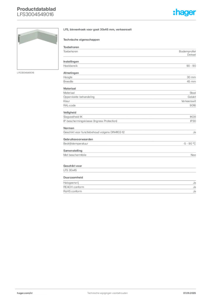 Afbeelding Hager Productdatablad LFS3004549016 | Hager Nederland