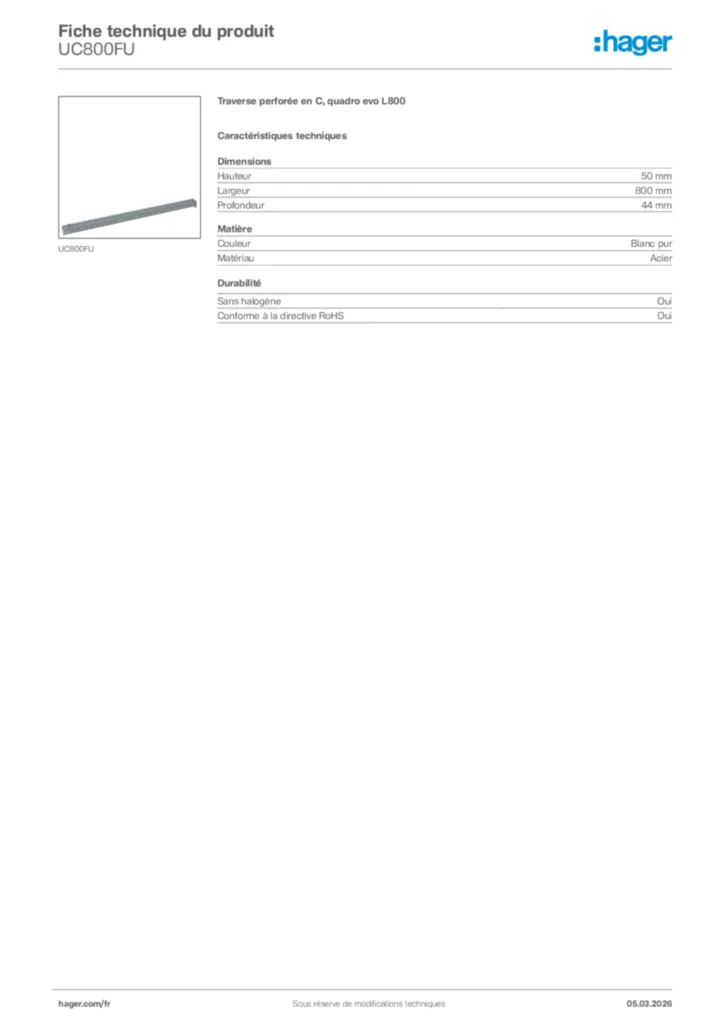 Image Hager Fiche technique du produit UC800FU | Hager France