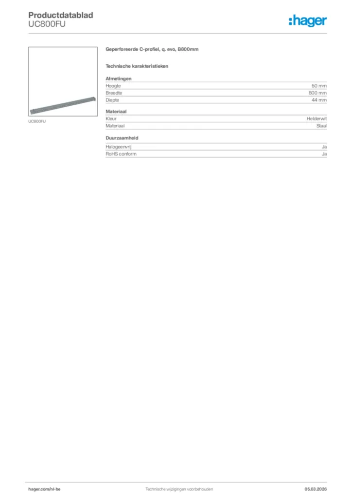 Afbeelding Hager Productdatablad UC800FU | Hager Belgium