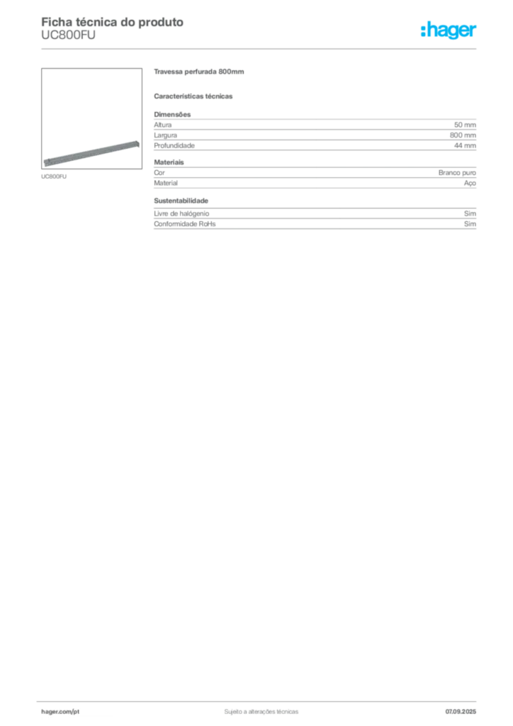 Imagem Hager Ficha técnica do produto UC800FU | Hager Portugal