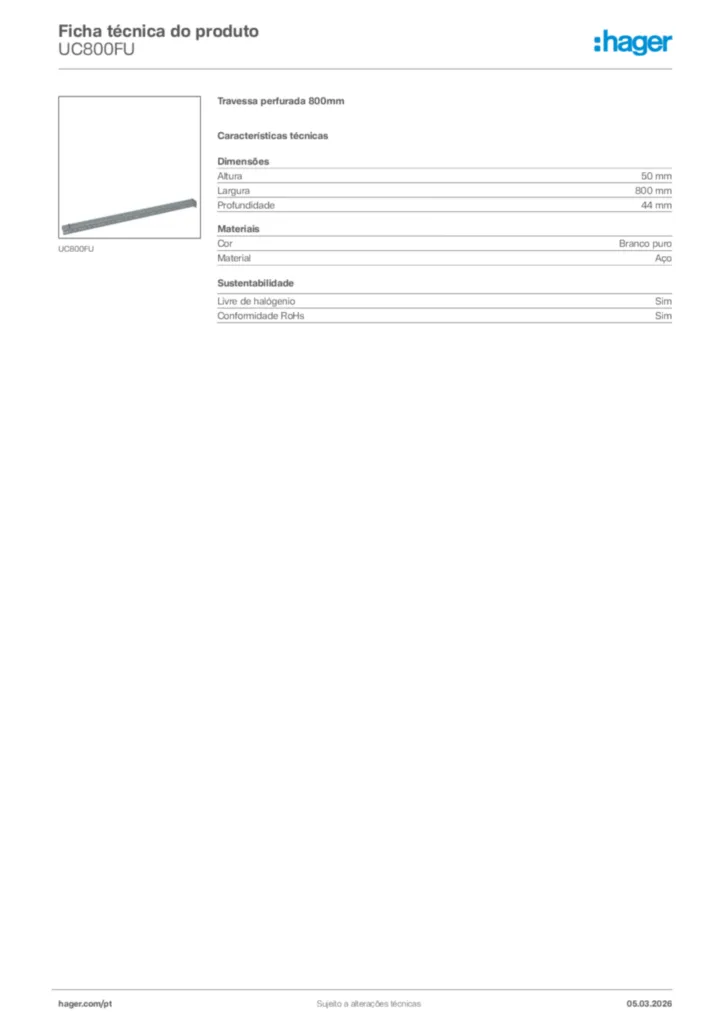 Imagem Hager Ficha técnica do produto UC800FU | Hager Portugal