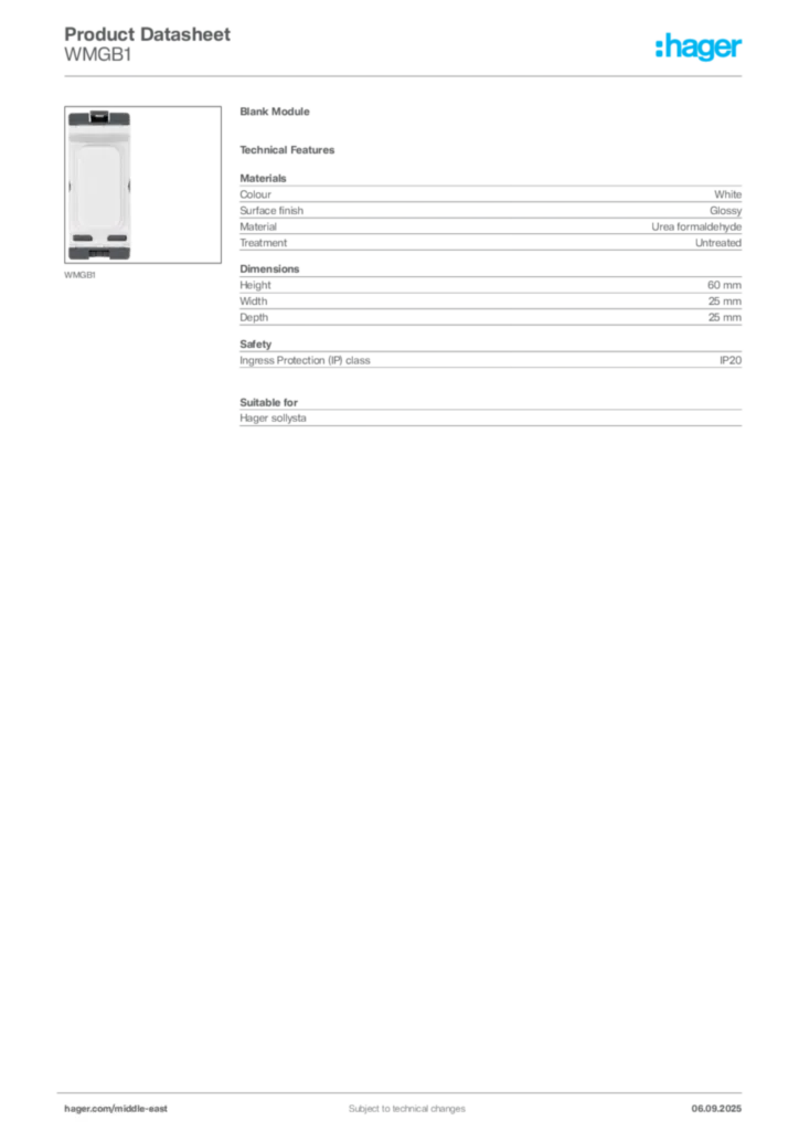 Image Hager Product data sheet WMGB1  | Hager